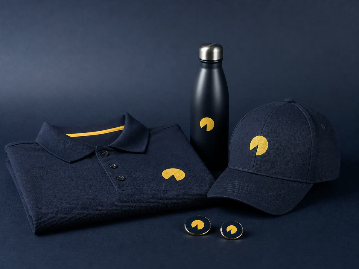 Coordinated branded polo shirt, cap, bottle and badges