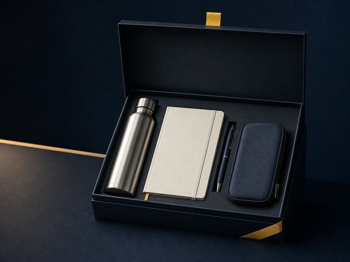 Premium corporate gift box with bottle, notebook, pen and accessory pouch