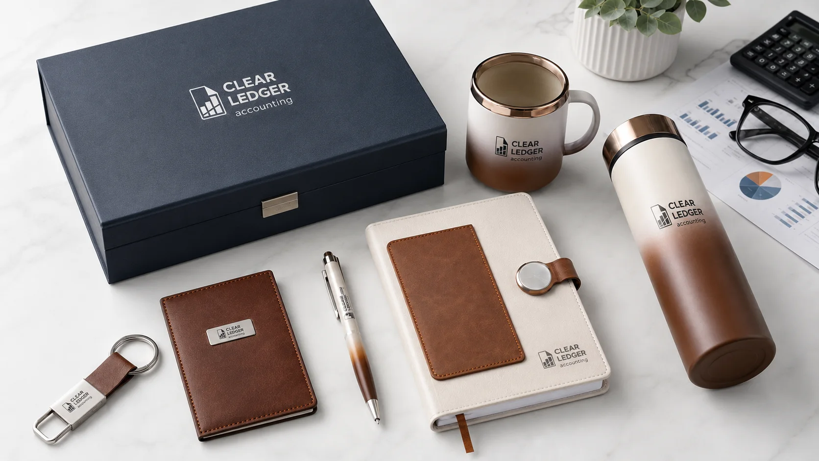 Premium corporate gift box with bottle, notebook, pen and accessory pouch