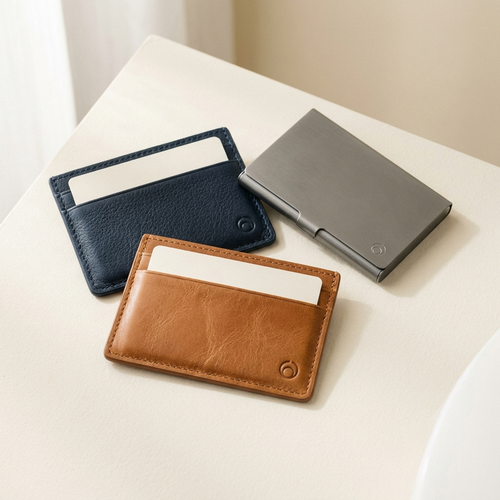 Leather card holder and brushed metal desk accessories