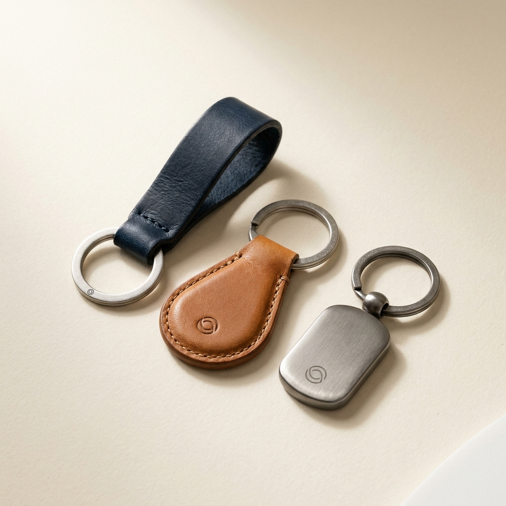 Leather and metal keychains with small accessories