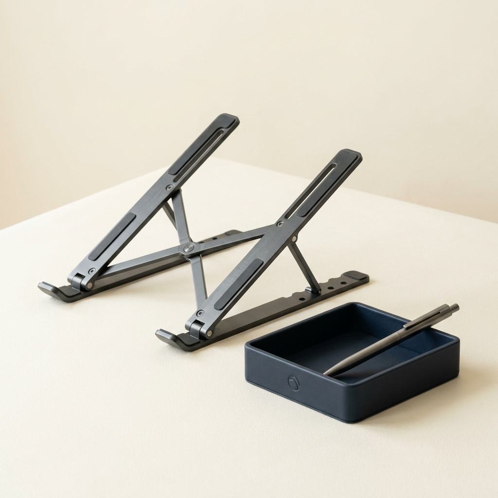 Brushed aluminium laptop stand and cable organiser