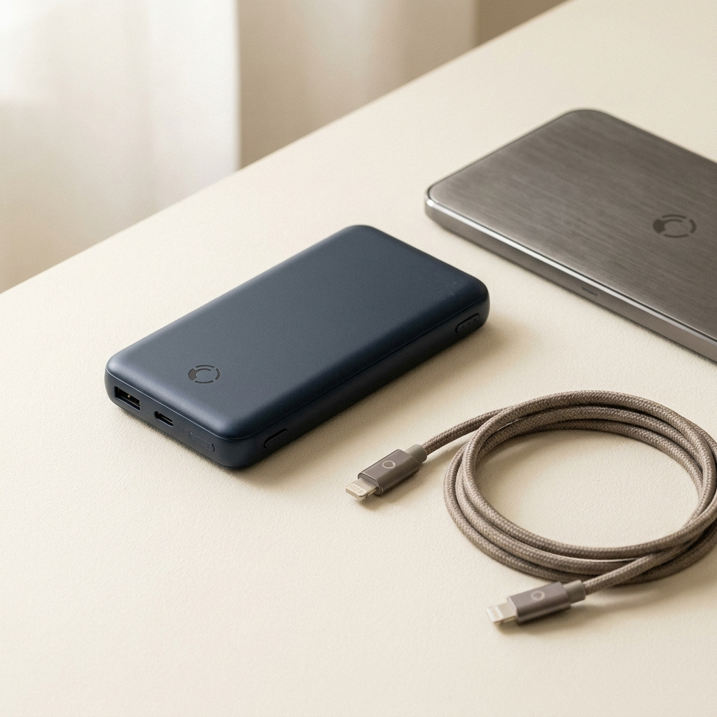 Deep navy power bank and braided charging cable