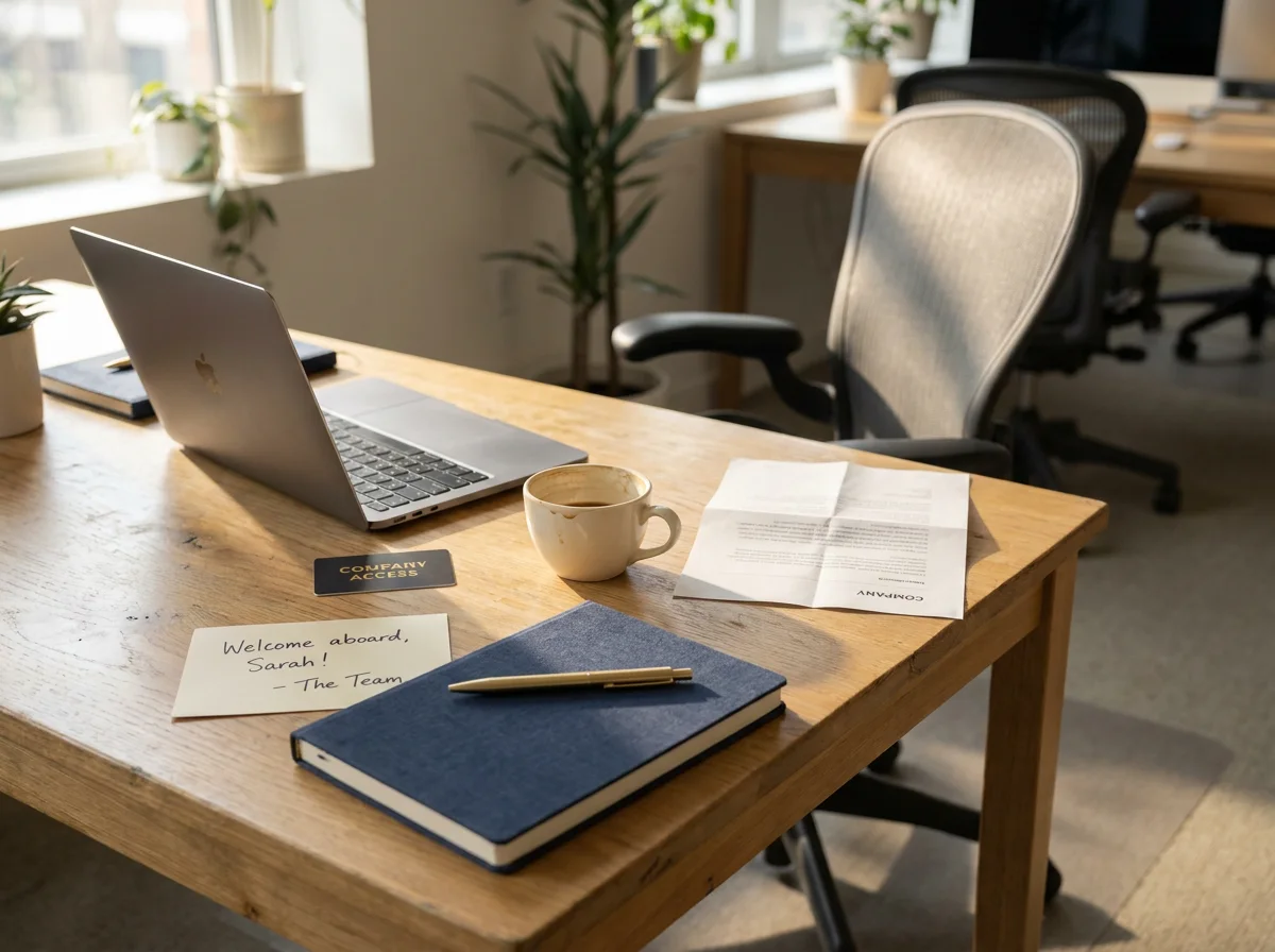 Employee welcome desk with notebook, pen, welcome note and company access card