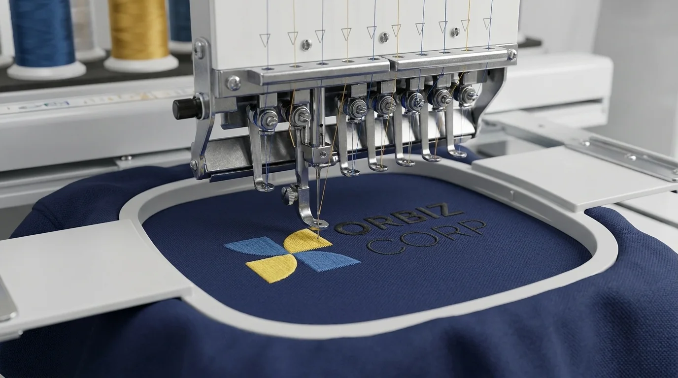 Orbiz Corp logo being stitched onto navy fabric by an embroidery machine