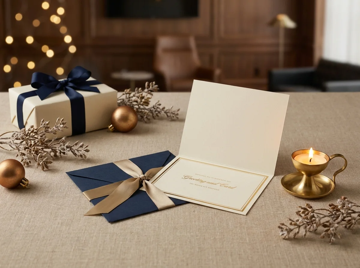 Festive corporate gift presentation with ribboned card, wrapped gift and candle