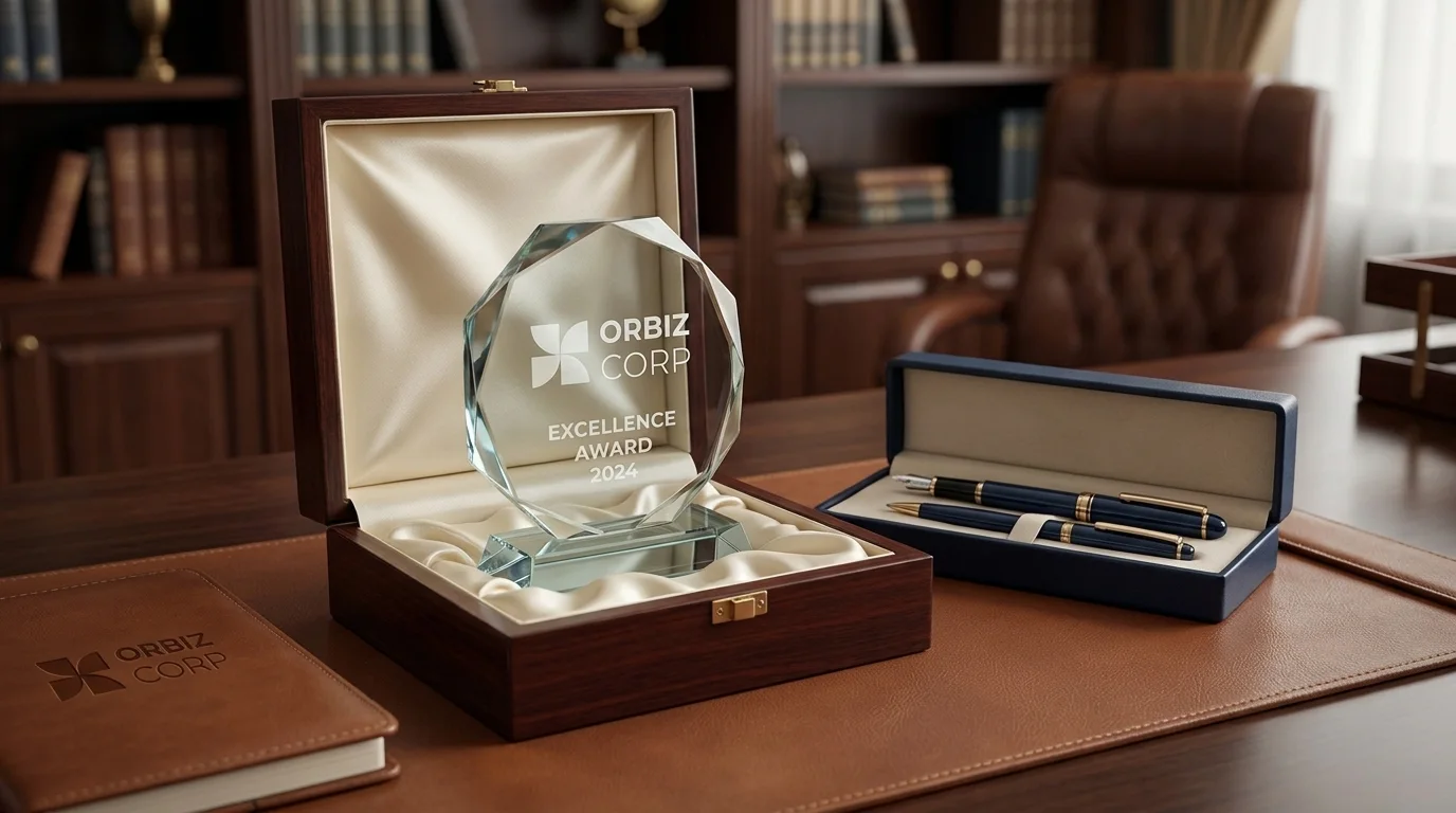 Leadership recognition gift with a crystal award, executive pens and premium presentation box