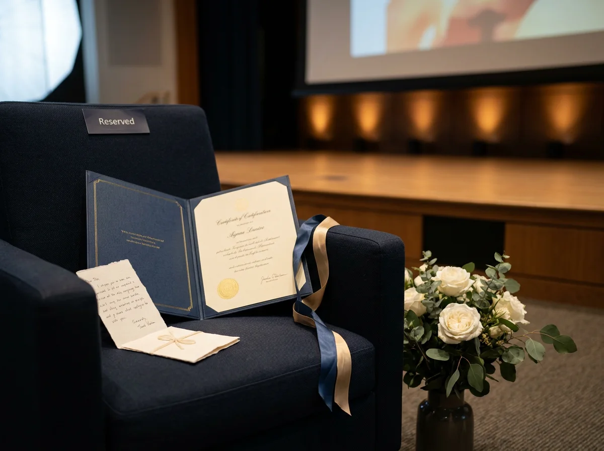 Recognition ceremony setting with certificate, presentation gift and flowers