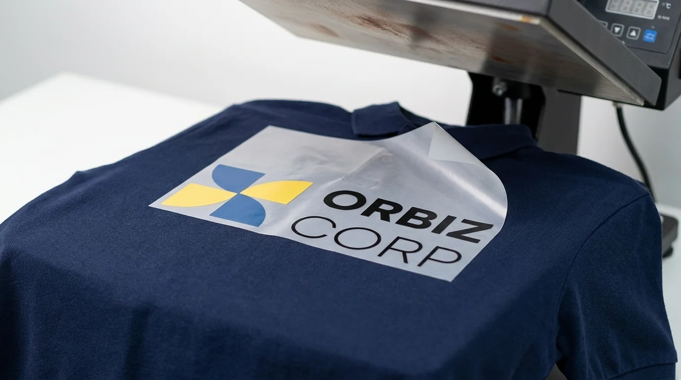 Orbiz Corp vinyl logo transfer being applied to a navy polo shirt