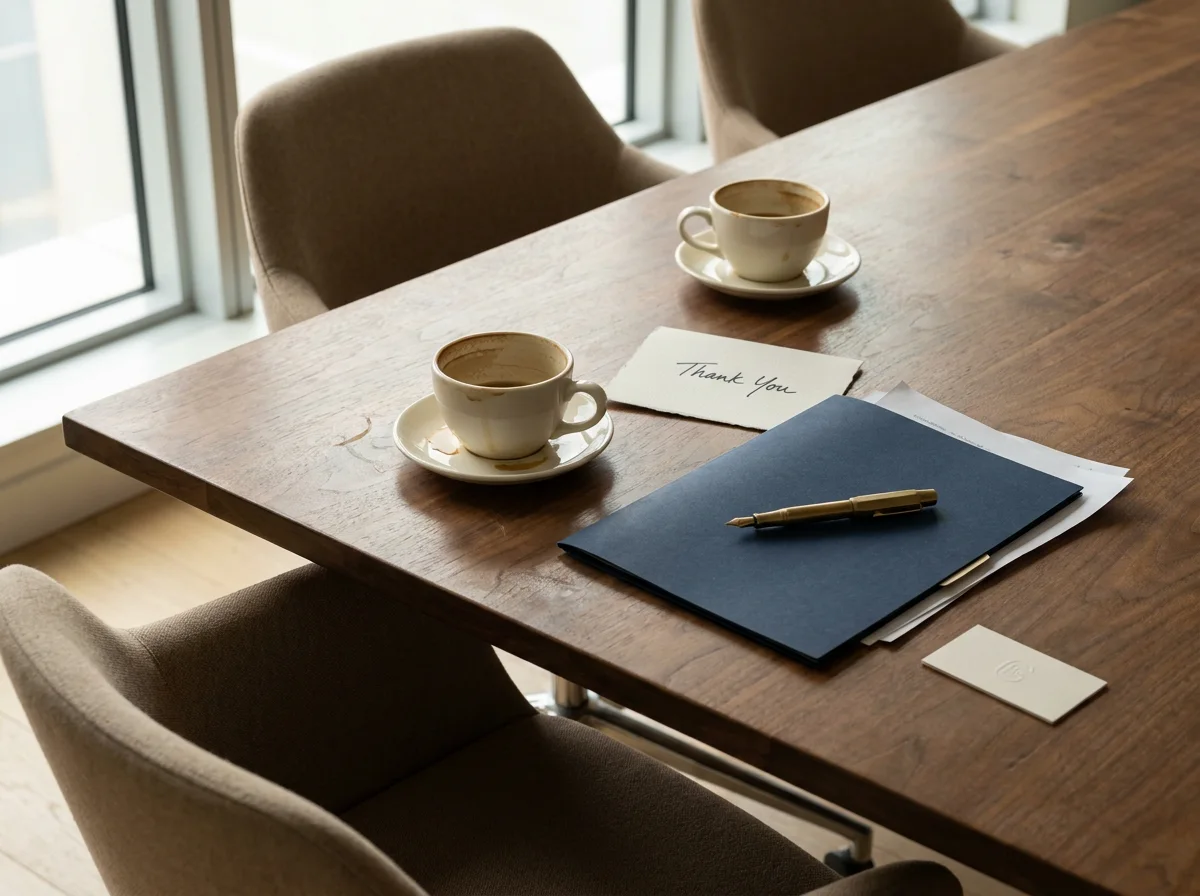 Dealer appreciation meeting table with thank-you card, premium folder and pen