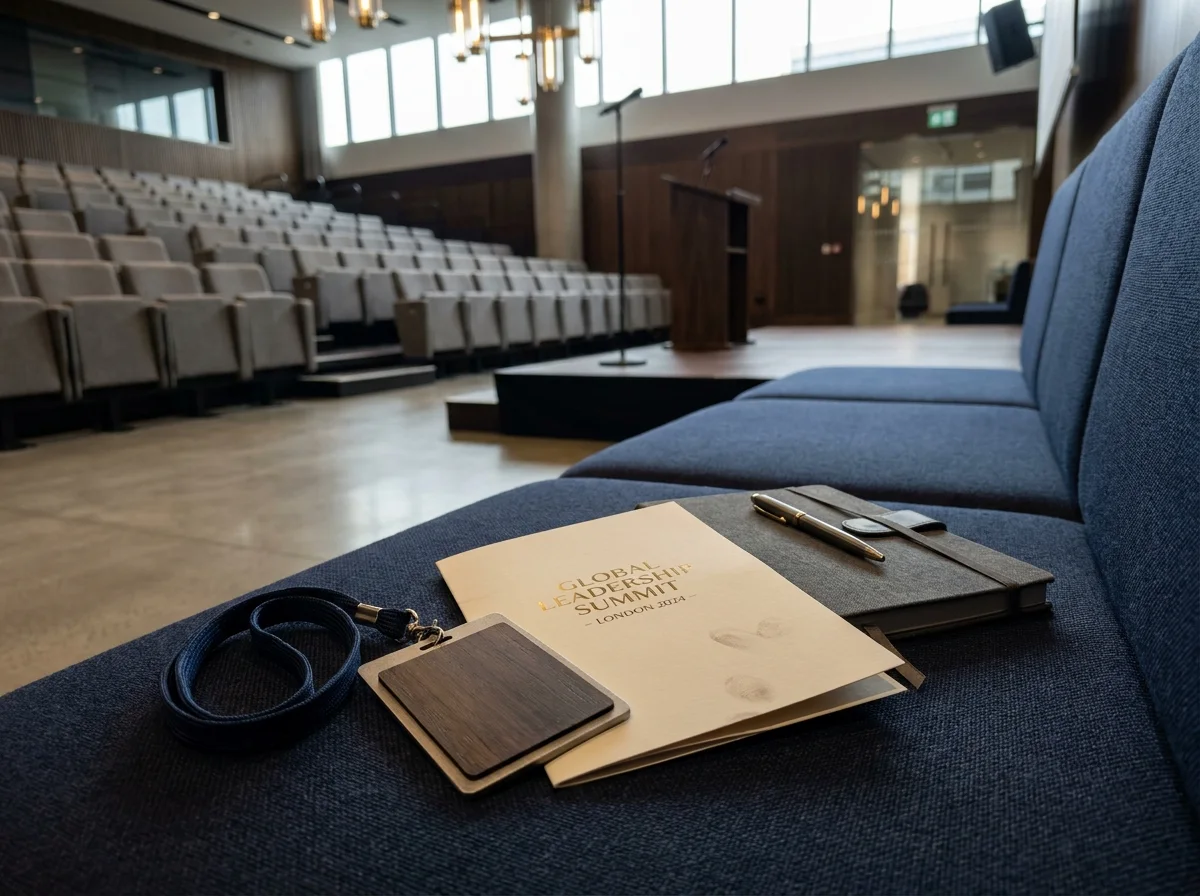 Conference venue with delegate notebook, pen, event programme and lanyard