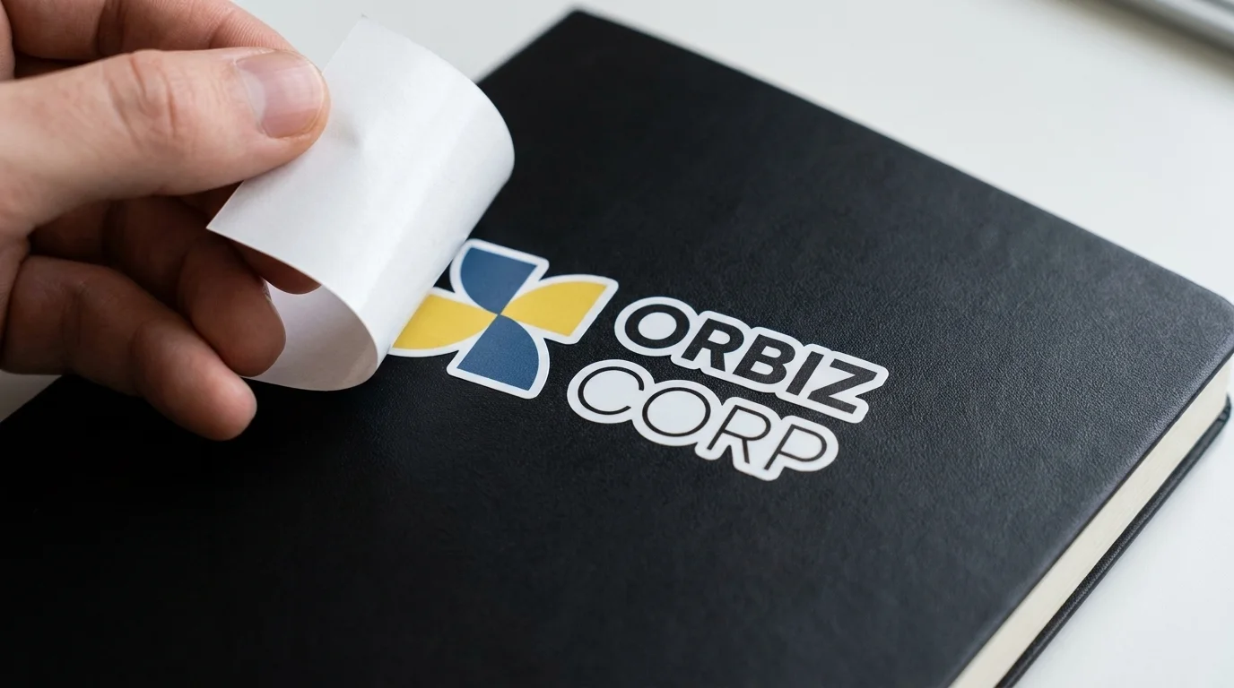 A personalised Orbiz Corp label being applied to a black notebook