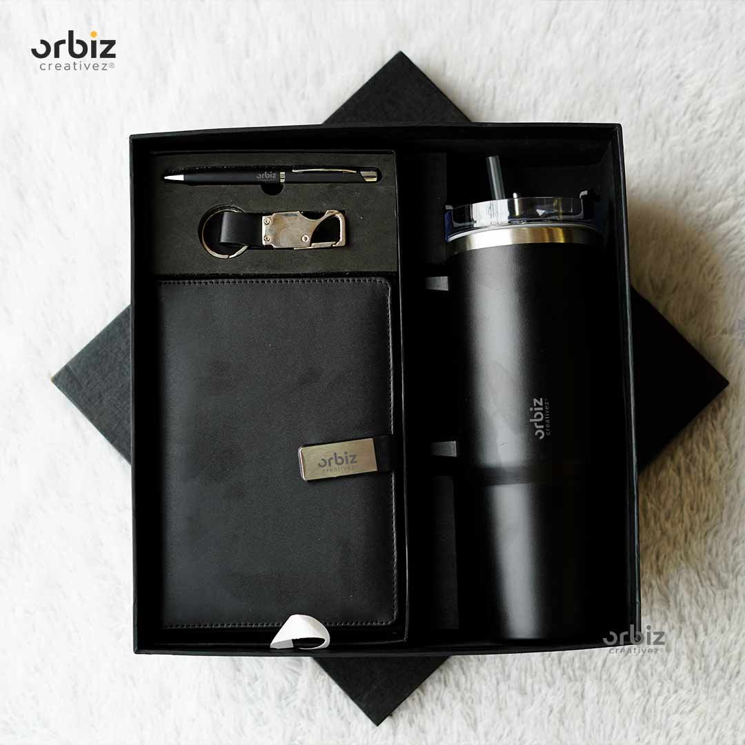 Orbiz executive corporate set with notebook, tumbler, power bank, card holder, pen and keychain