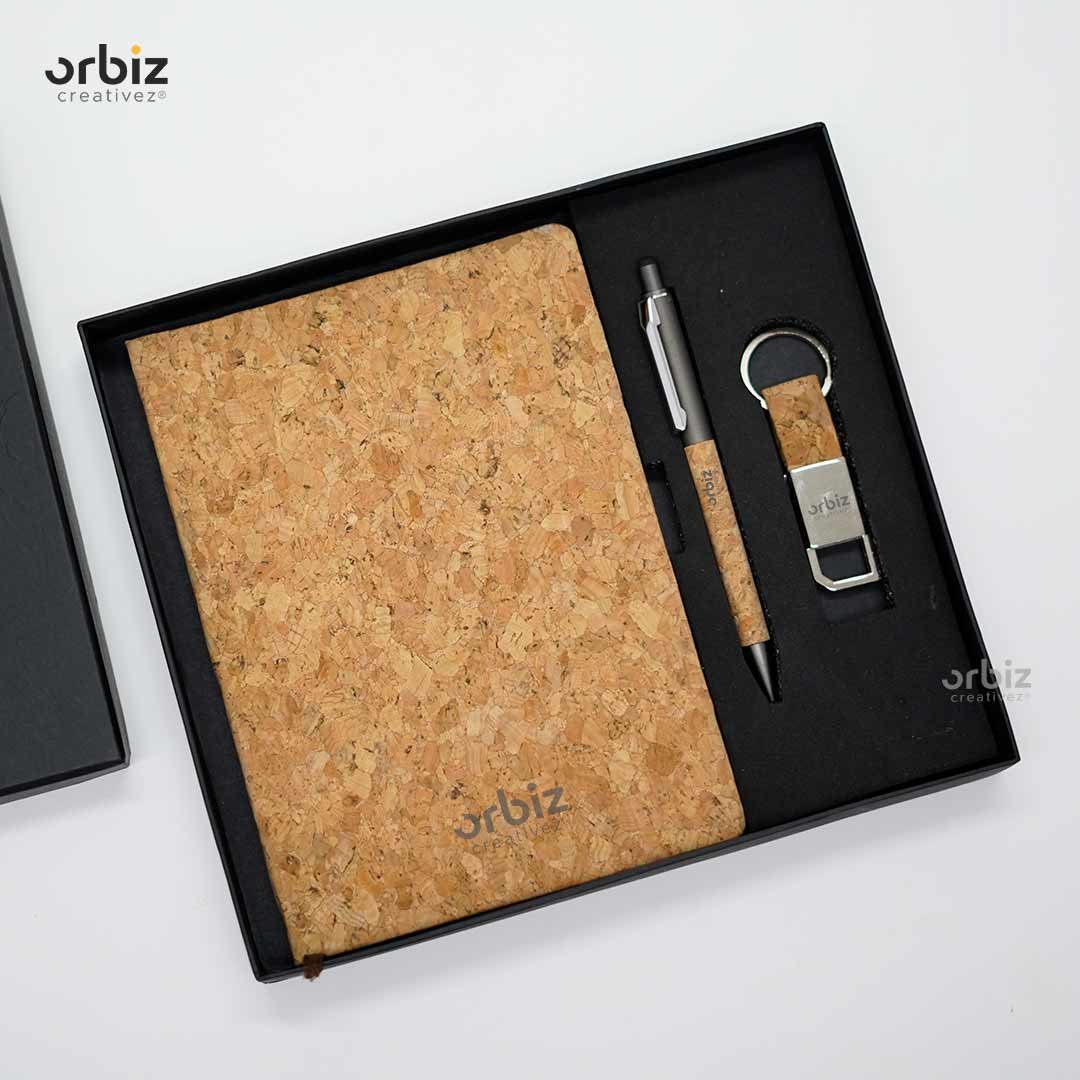 Orbiz notebook, metal pen and keychain gift set