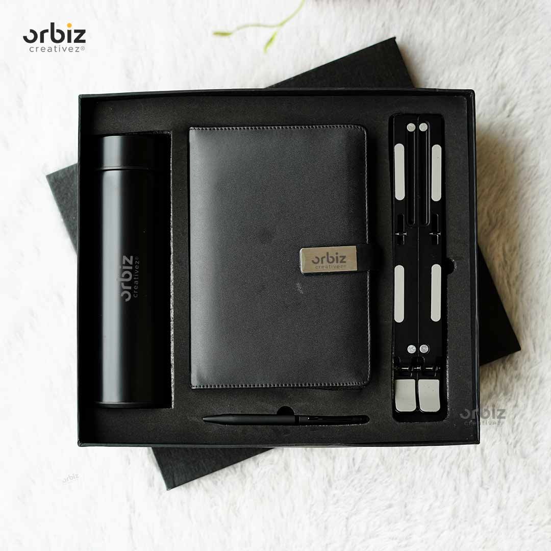 Orbiz workspace corporate set with notebook, bottle, pen and laptop stand