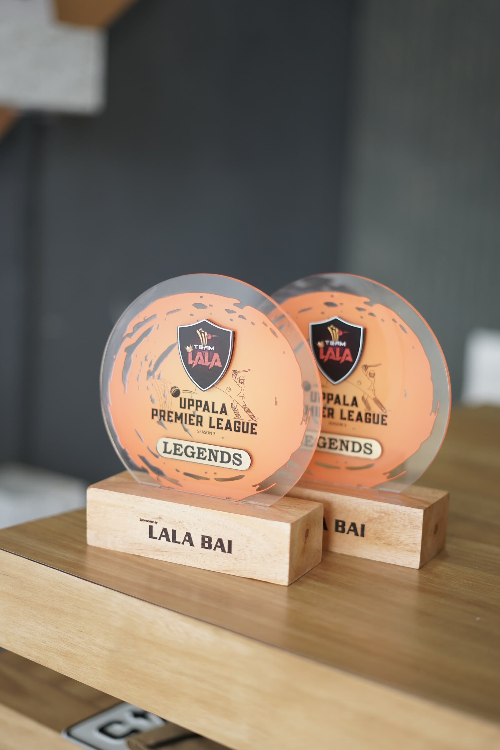 Two circular personalised wooden plaques on a display shelf
