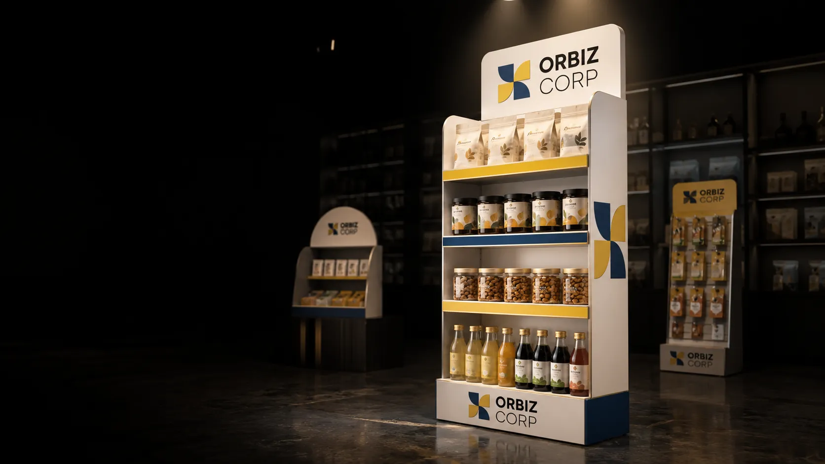 Finished multi-format POP display system prepared for retail presentation