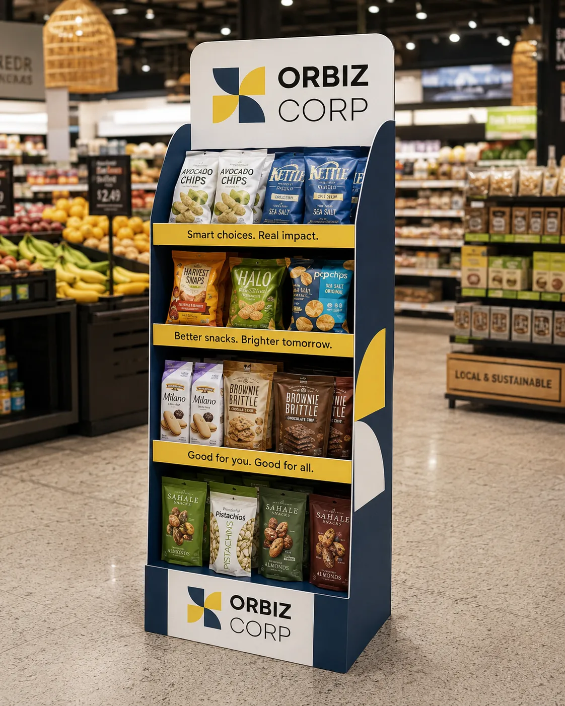 Orbiz Corp branded freestanding snack display stocked in a supermarket aisle