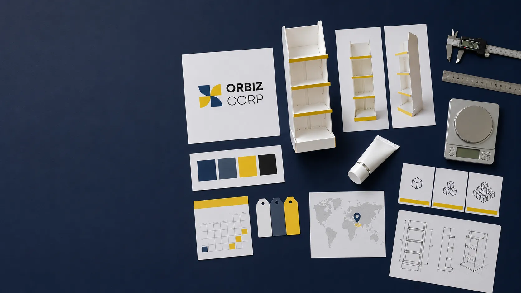 POP display requirement board with sketches, measurements, colour references and product details